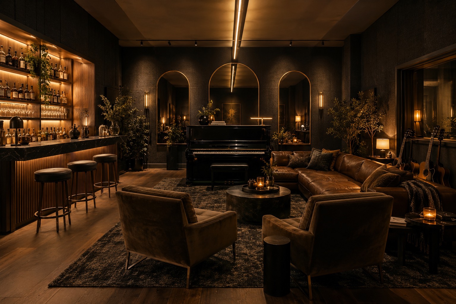 Render of the planned dark lounge: bar on the left, piano in a seating circle, a light rail overhead